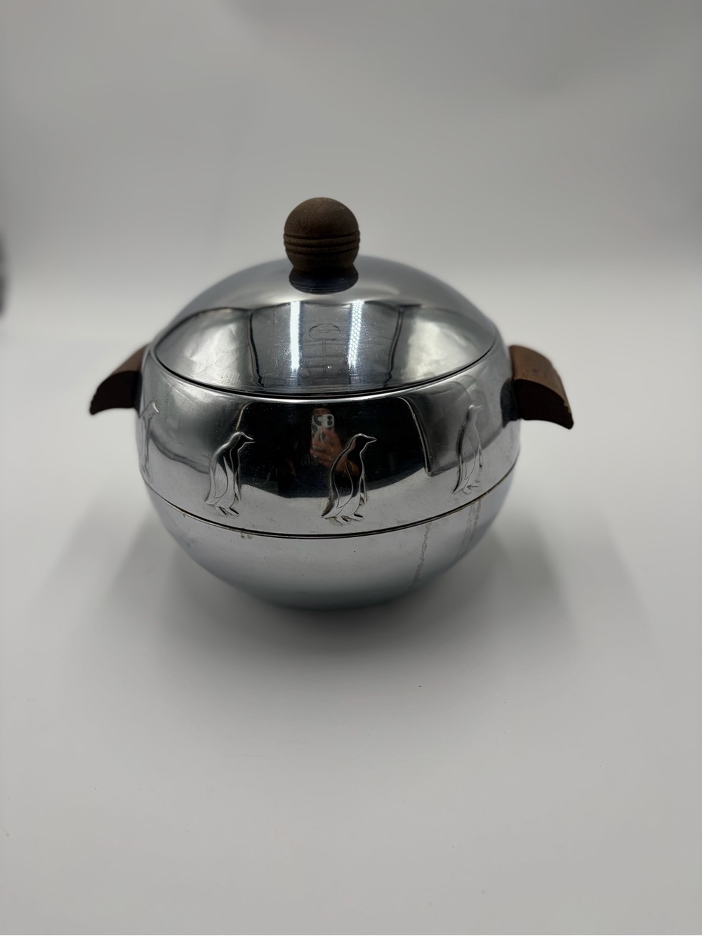 Stainless Steel Penguin Ice Bucket with Brown Wood Handles